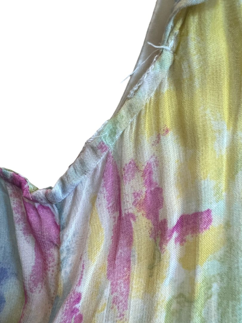 Size 8 Anthropologie Watercolor Print Spring Sleeveless Maxi Dress Lined Elastic Waist Tassle Ties