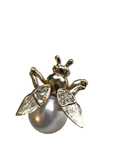 Faux Pearl Gold Tone Fly Insect Brooch Pin Spring Wings Rhinestone