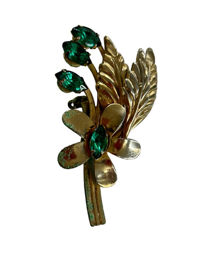 Goldtone and Green Vintage 1960s Brooch Pin Flower Leaf 1.9"