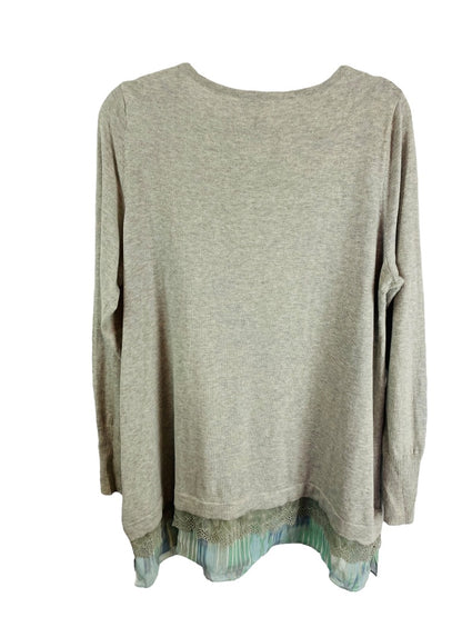 Large LOGO by Lori Goldstein Lightweight Gray Sweater Cashmere Blend Flounce Hem Lace Detail