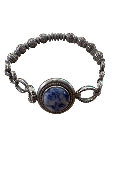 Magnabilities Silvertone Antiqued Stretch Bracelet Blue White Stone Inset Removable