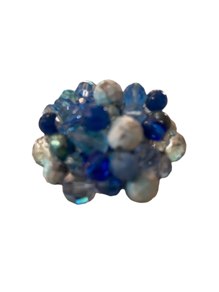 Mixed Blue Tones Beaded Cluster Brooch Statement 2.5" Diameter Pin