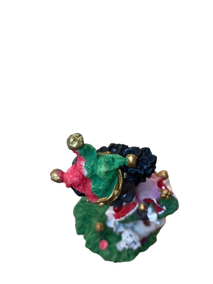 Resin Clown Figurine Green Red Brown Skin Jester Running Dog Grass 4.5"