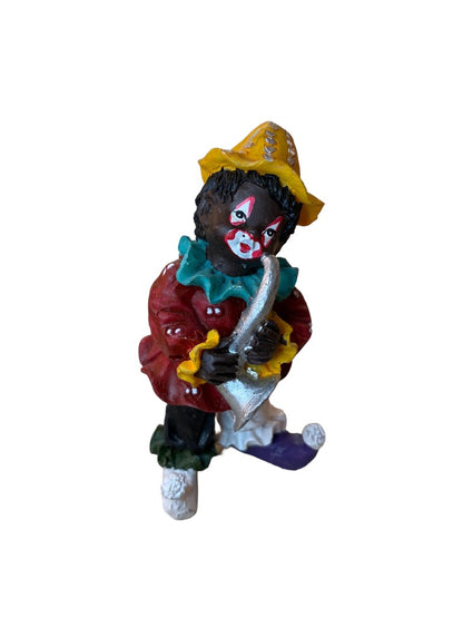 Resin Clown Figurine Brown Skin Playing Horn Musician 3.5"