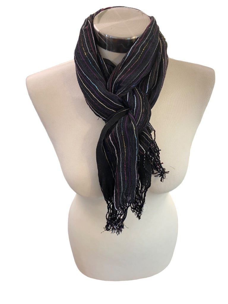 Black Lightweight Metallic Summer Scarf Fringed 58" x 24"