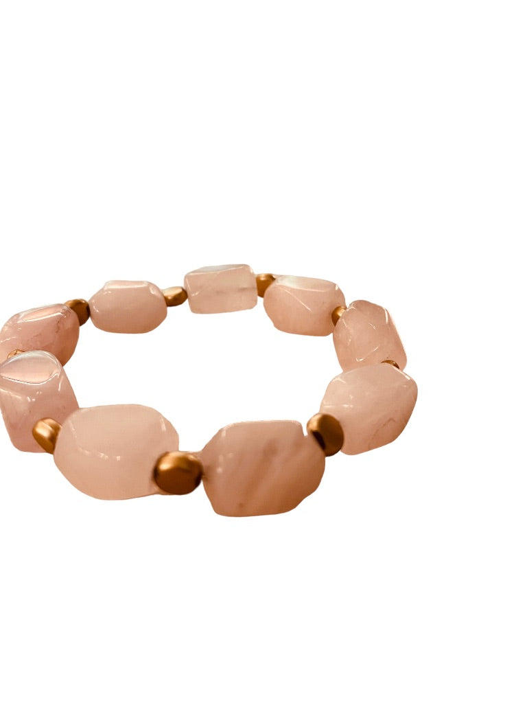 Beaded Stone and Goldtone Spacer Stretch Bracelet Blush Pink 2.5" Inside Diameter