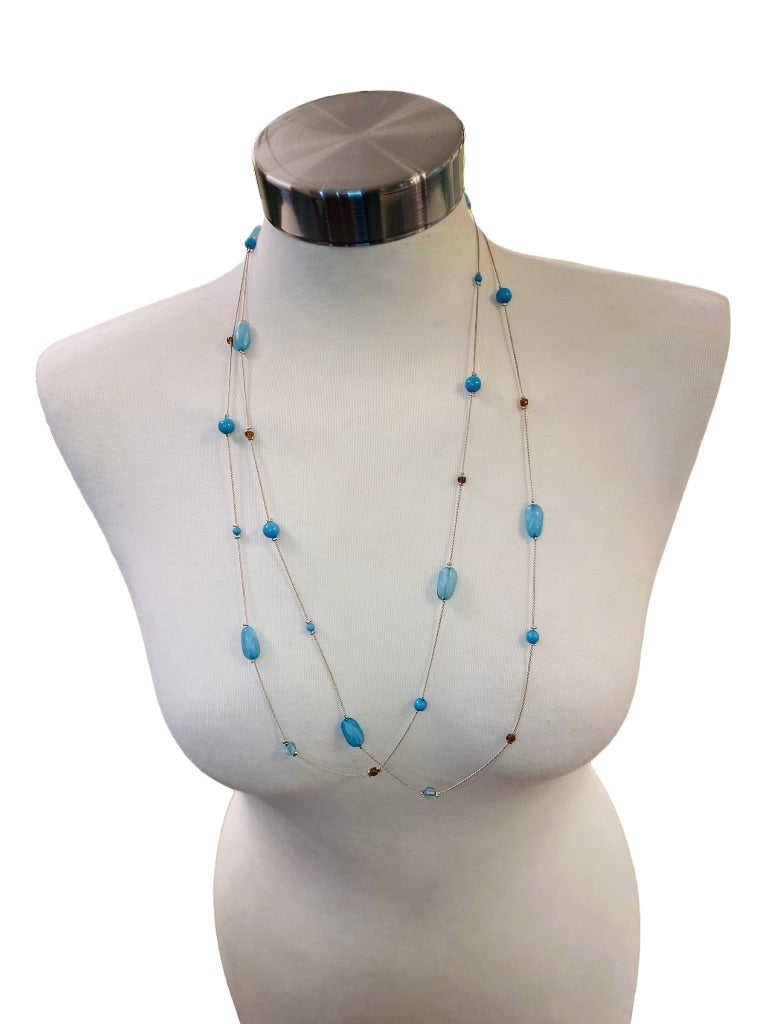 Long Strand Necklace Delicate Silvertone and Blue Acrylic Beads 60" Lobster Clasp Layered