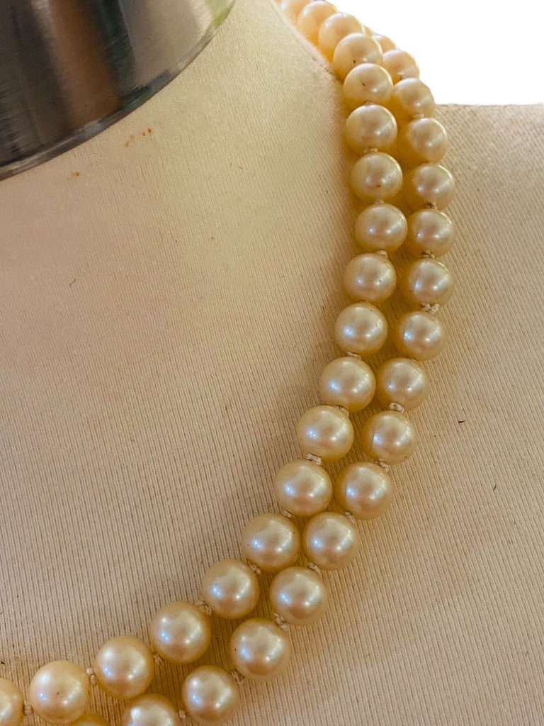 Double Strand Hand Knotted Vintage 7.7 mm Faux Pearl Dual Strand Necklace Daisy Clasp 16"