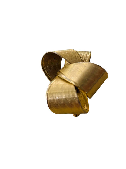 Goldtone Bow Textured Chevron Texture Brooch Pin Dimensional 1.8"