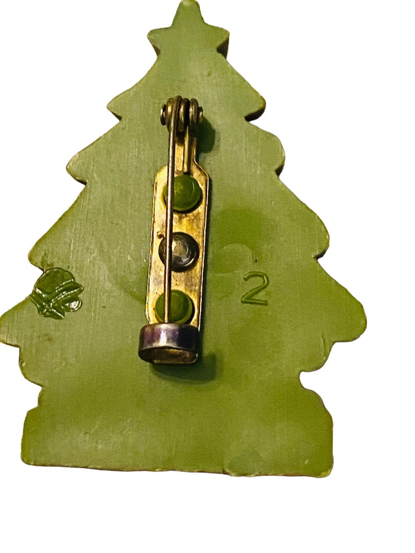 Vintage Plastic Christmas Tree Brooch Pin Green Presents 2" Holiday