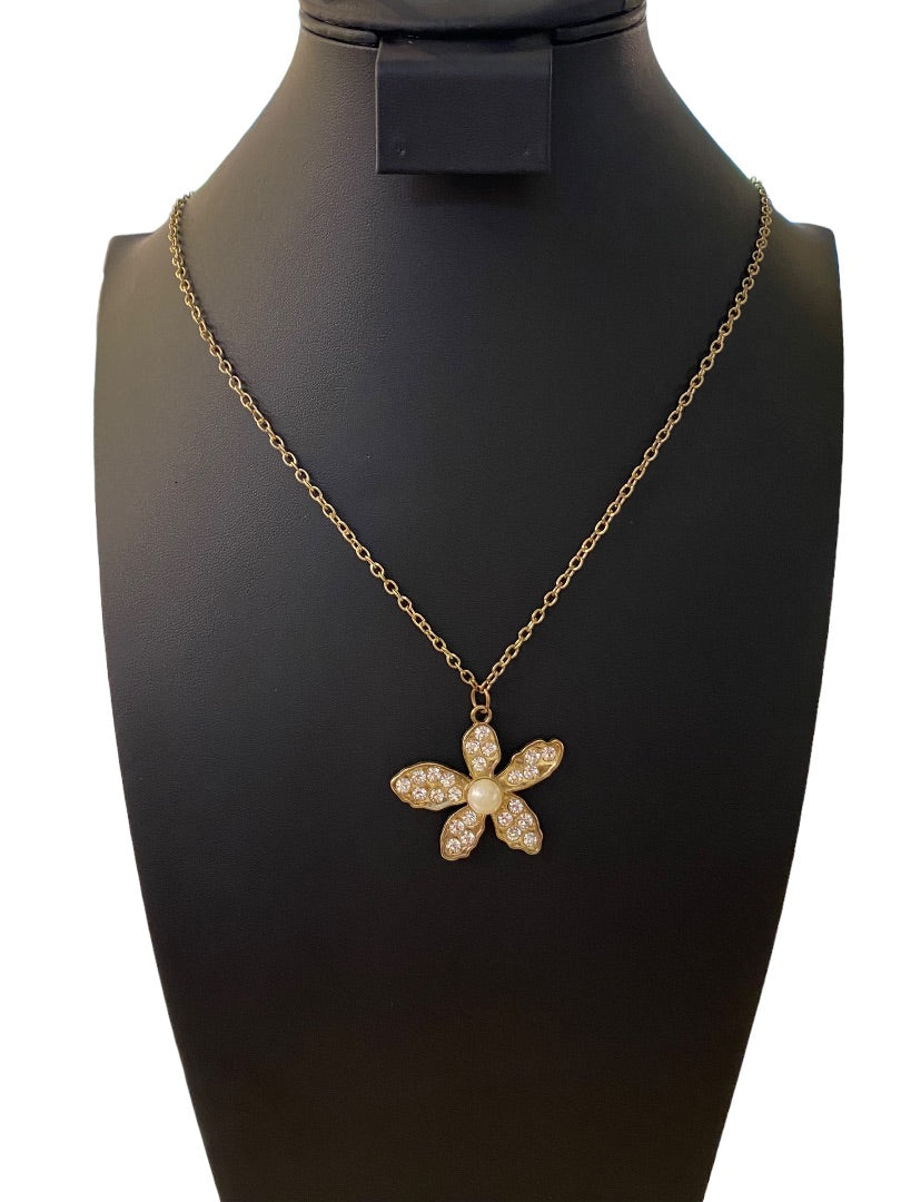 Goldtone 25" Necklace Overhead Chain Flower Pendant Faux Pearl Rhinestone