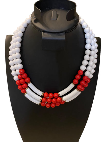 Red White Triple Strand Vintage 1960s Acrylic Beaded Statement Necklace 19"