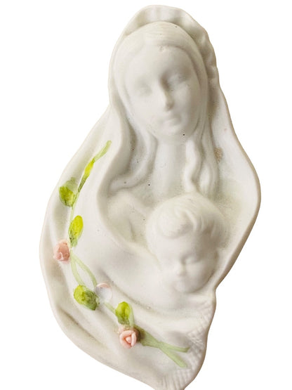 Madonna And Child By Autom White Bisque Porcelain Flowers Figurine Wall Hanging