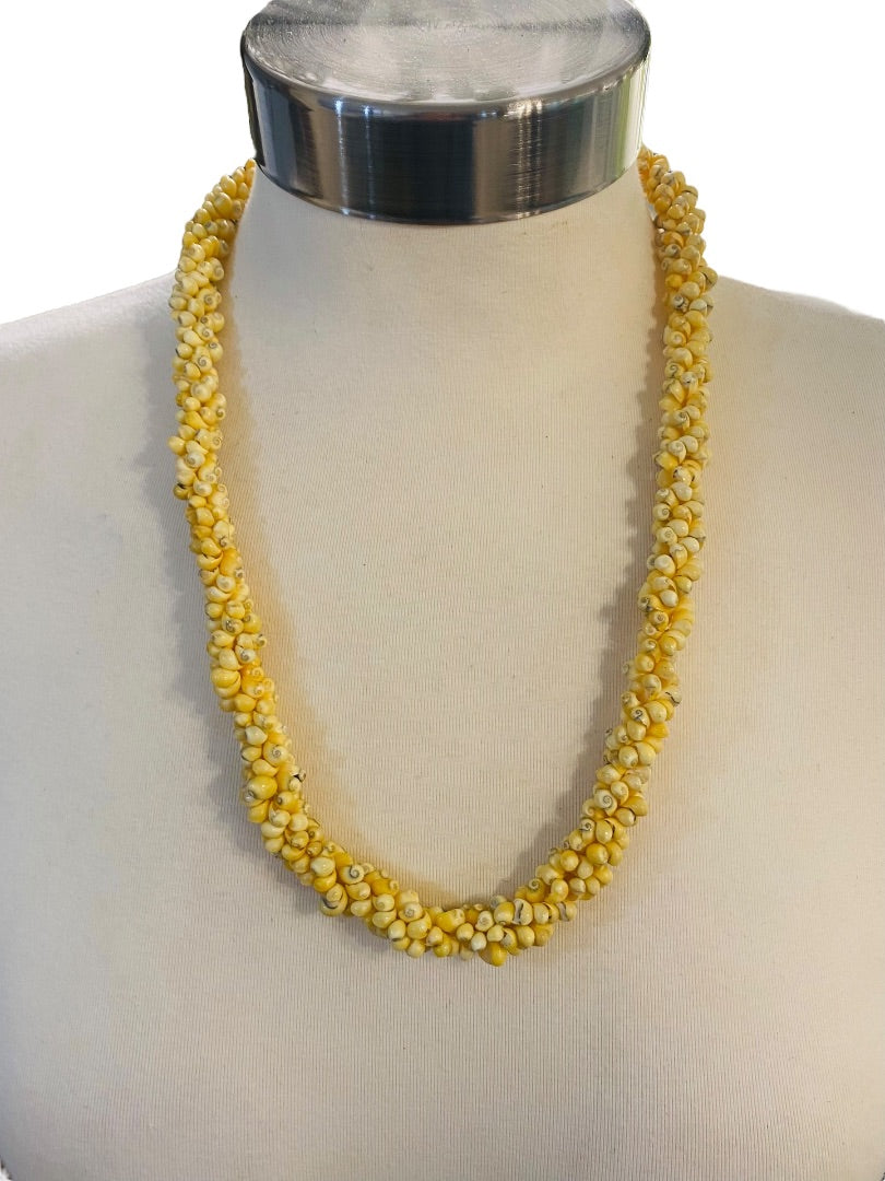 Yellow Cluster Shell Necklace Ribbon Tie Vintage 25" Twist Strand