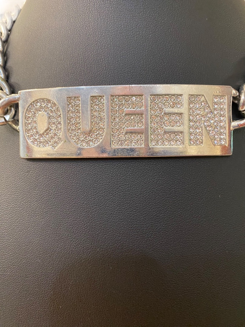 "QUEEN" Silvertone Embellished Chunky ID Style Choker Necklacce 16"