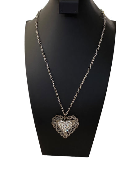 Silvertone Heart Medallion 27" Necklace Dramatic Filagree Look Pendant 2.25" Drop Lobster Clasp