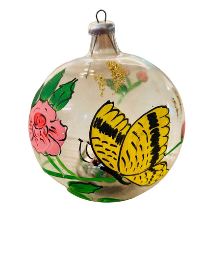 Clear Glass Ornament Tabletop or Hanging Handpainted Butterfly Flower Glitter 3.25" Diameter