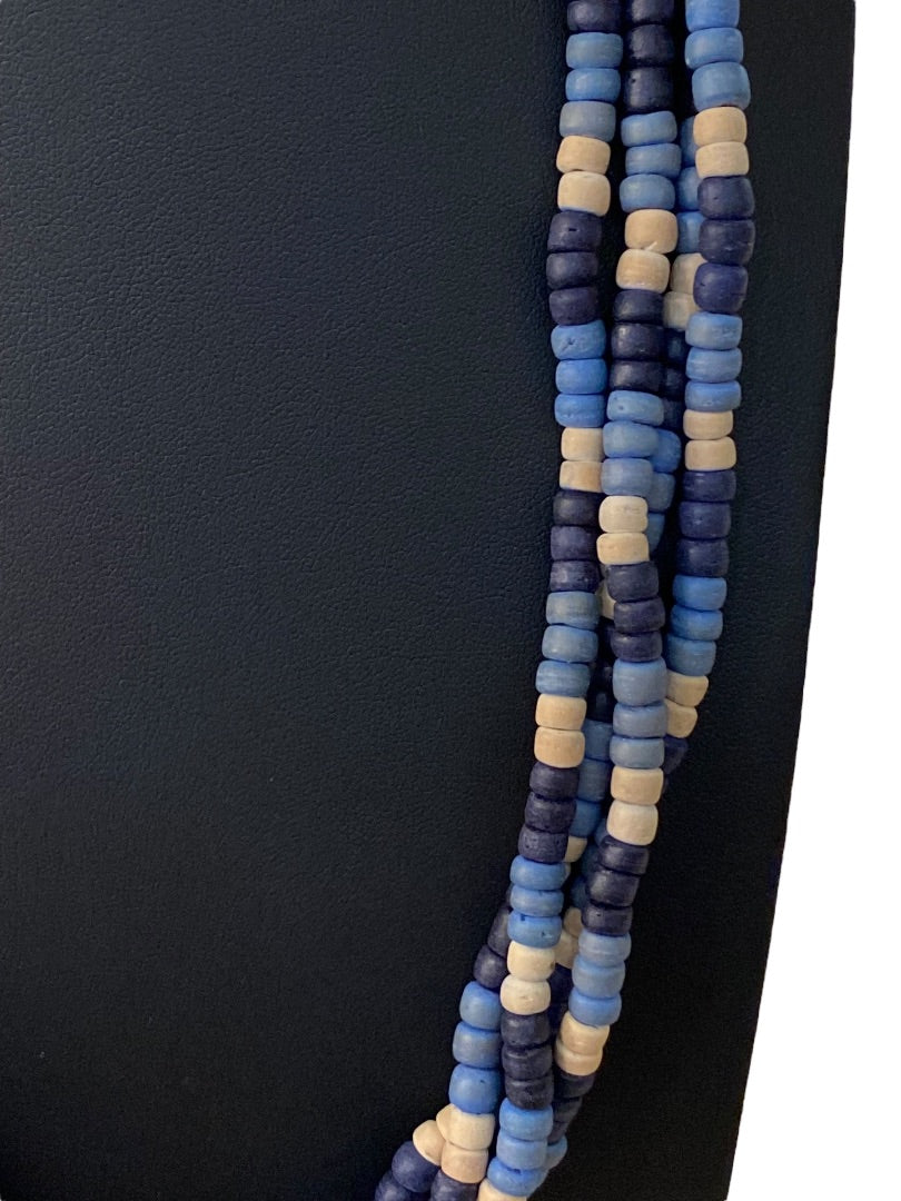 Vintage 1970s Blue Wooden Bead Statement Necklace Hook Closure Four Strand 27"