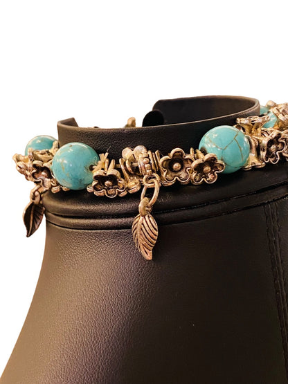 Silvertone and Faux Turquoise Beaded Stretch Bracelet Feather Charms