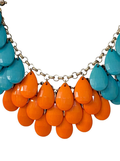 Statement Necklace Teal Coral Goldtone Funky Lays Flat Faceted Acrylic Beads