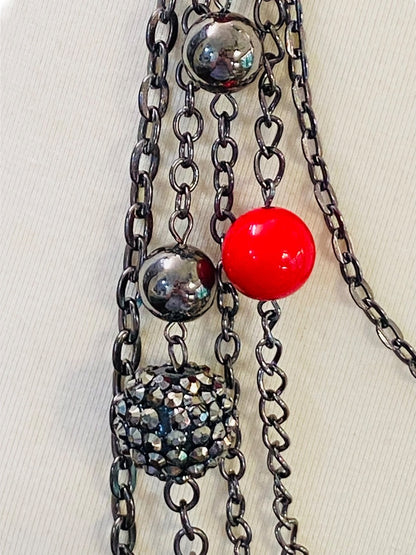 Pewter Color Layered Look Necklace Red Bead Lobster Clasp 27" Long