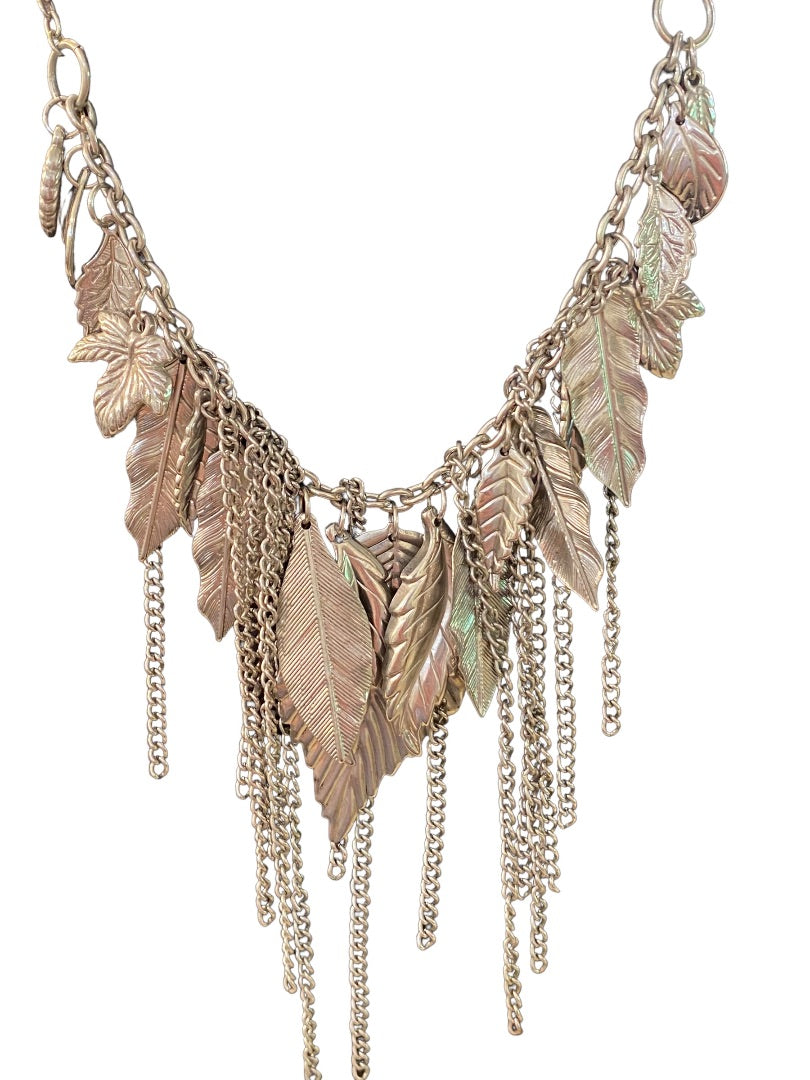 Silvertone Layered Boho Necklace Leaf and Chain Statement 16-18"