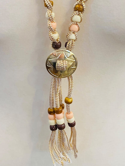 Braided Plastic Bead Necklace 32" Overhead Goldtone Pink Brown Lightweight 5" Tassel