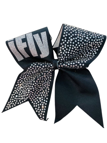 Girls Oversize Hair Bow 6.5" Elastic Ponytail Holder "iFly" Black Silver Bejeweled