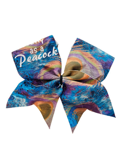 Girls Oversize Hair Bow 6.5" Elastic Ponytail Holder "Pretty as a Peacock" Multicolor