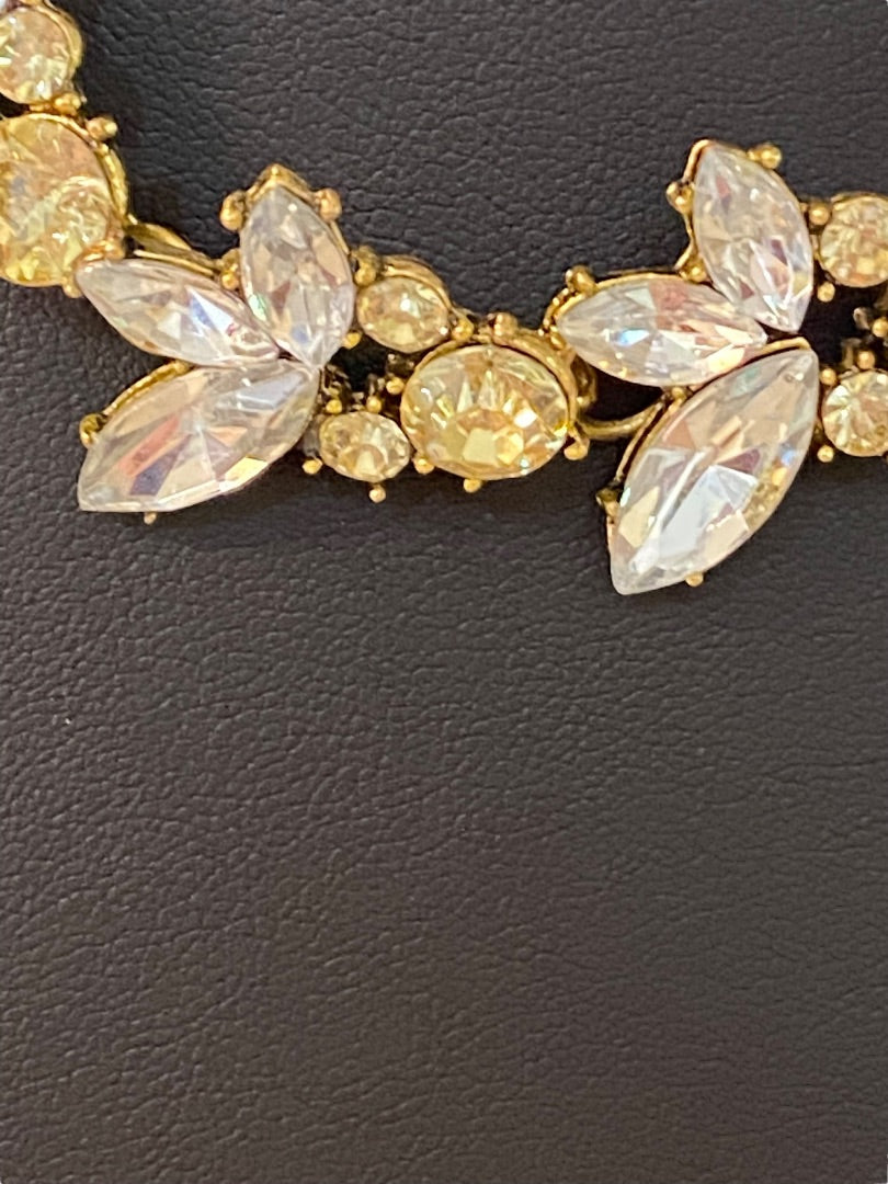 Goldtone Statement Necklace Vine Design Green Clear Faceted Jewels 16-18" Lays Flat