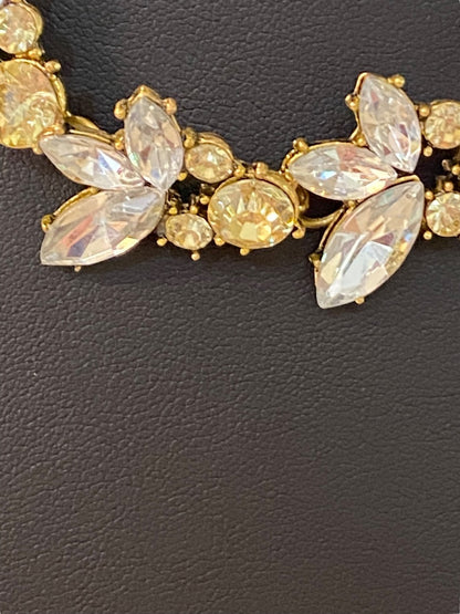 Goldtone Statement Necklace Vine Design Green Clear Faceted Jewels 16-18" Lays Flat