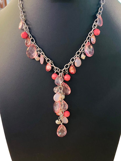 Silvertone Necklace Pink and Mauve Acrylic Faceted Beads 16-19" with 3" Drop