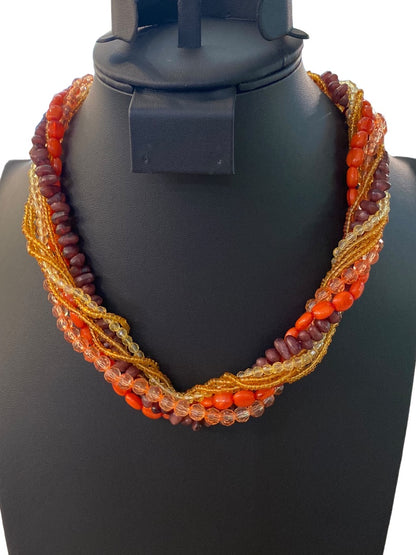 Vintage Twist Multistrand Acrylic Beaded Necklace 18-21" Orange Brown Lobster Clasp