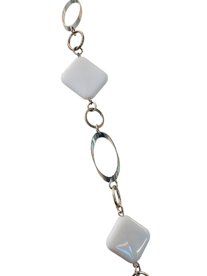 Silvertone and White Acrylic Square Necklace Overhead 34" Lightweight