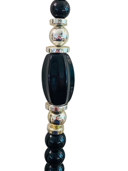 Chunky Black Graduated Bead Necklace Vintage 1990s Silvertone 35" Spring Clasp