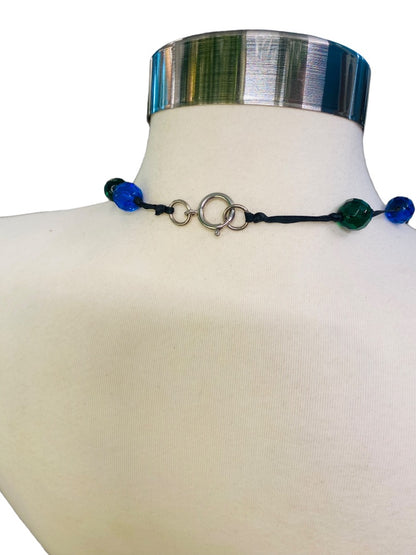 Blue Green Black Knotted Ribbon Necklace Faceted Beads 48" Oversize Spring Clasp