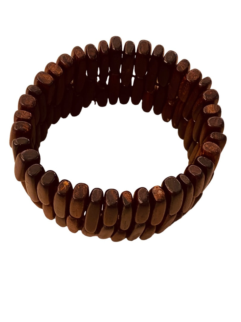 Brown Beaded Oblong Cuff Stretch Bracelet 1.5" Thick Boho Look