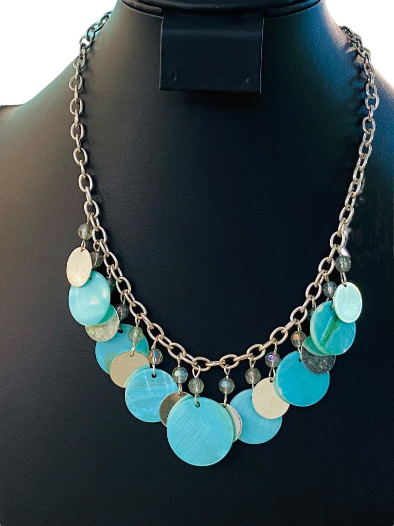 Silvertone and Aqua Charm Layered Circle Necklace 16-19" Lobster Clasp