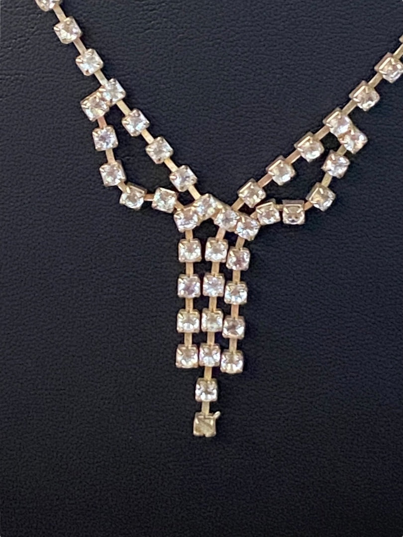 Rhinestone Formal Silvertone Necklace 21" Lobster Clasp 2" Drop