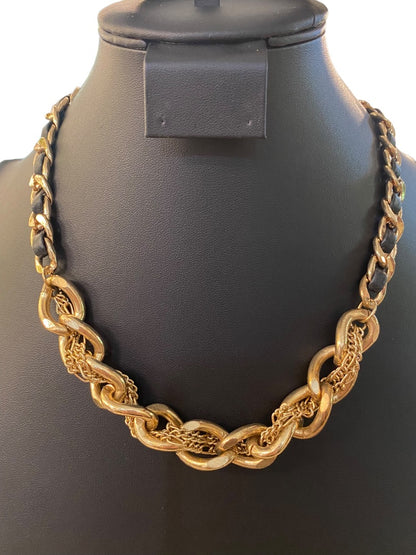 Goldtone and Black Cord Chunky Dual Strand Chain Necklace 17-19" Lobster Clasp