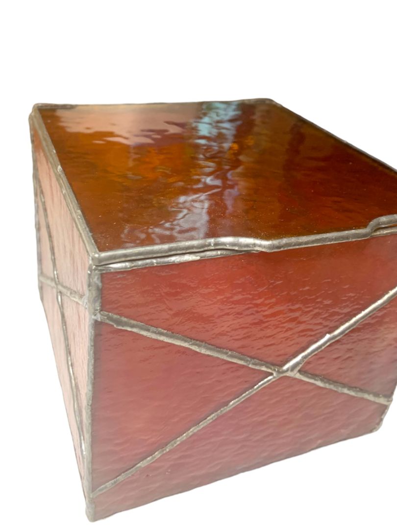 Amber  Stained Glass Lidded Hinged Box Footed Decorative Storage 6.5" Square x 5"h