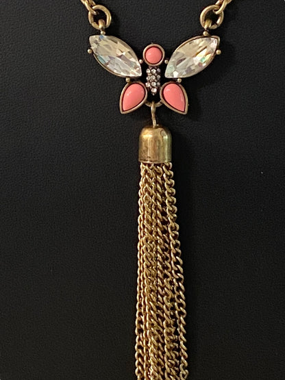 Goldtone Tassel Butterfly 31" Necklace 3.75" Drop Lobster Clasp
