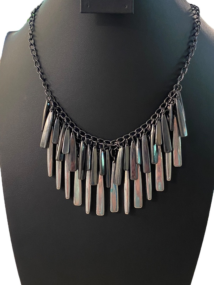 New York & Co Pewter Color and Silvertone Fringe Necklace 18-21" Lobster Clasp 1.5" Drop