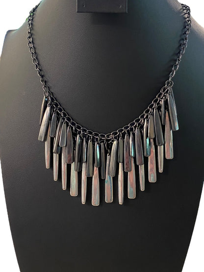 New York & Co Pewter Color and Silvertone Fringe Necklace 18-21" Lobster Clasp 1.5" Drop