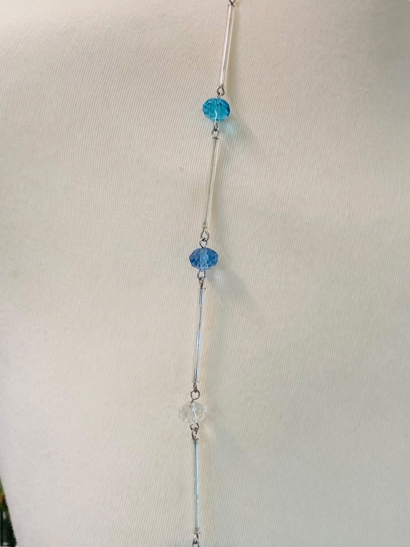 Silvertone Blue Aqua Beaded Overhead 36" Strand String Necklace