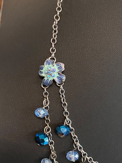 Dark Silvertone Blue Beaded Layered Necklace Floral 19" Lobster Clasp