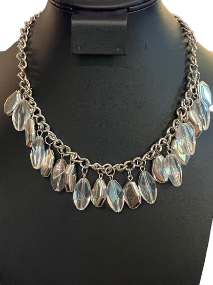 Silvertone 17" Statement Necklace Clear Charm Beads Lobster Clasp