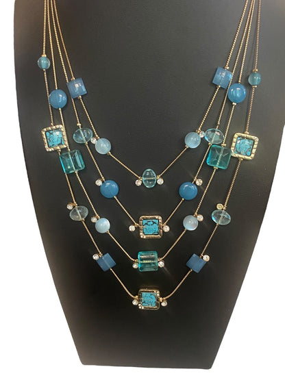 Charming Charlie 4 Strand Goldtone Blue Aqua Beads Layered 18-21"