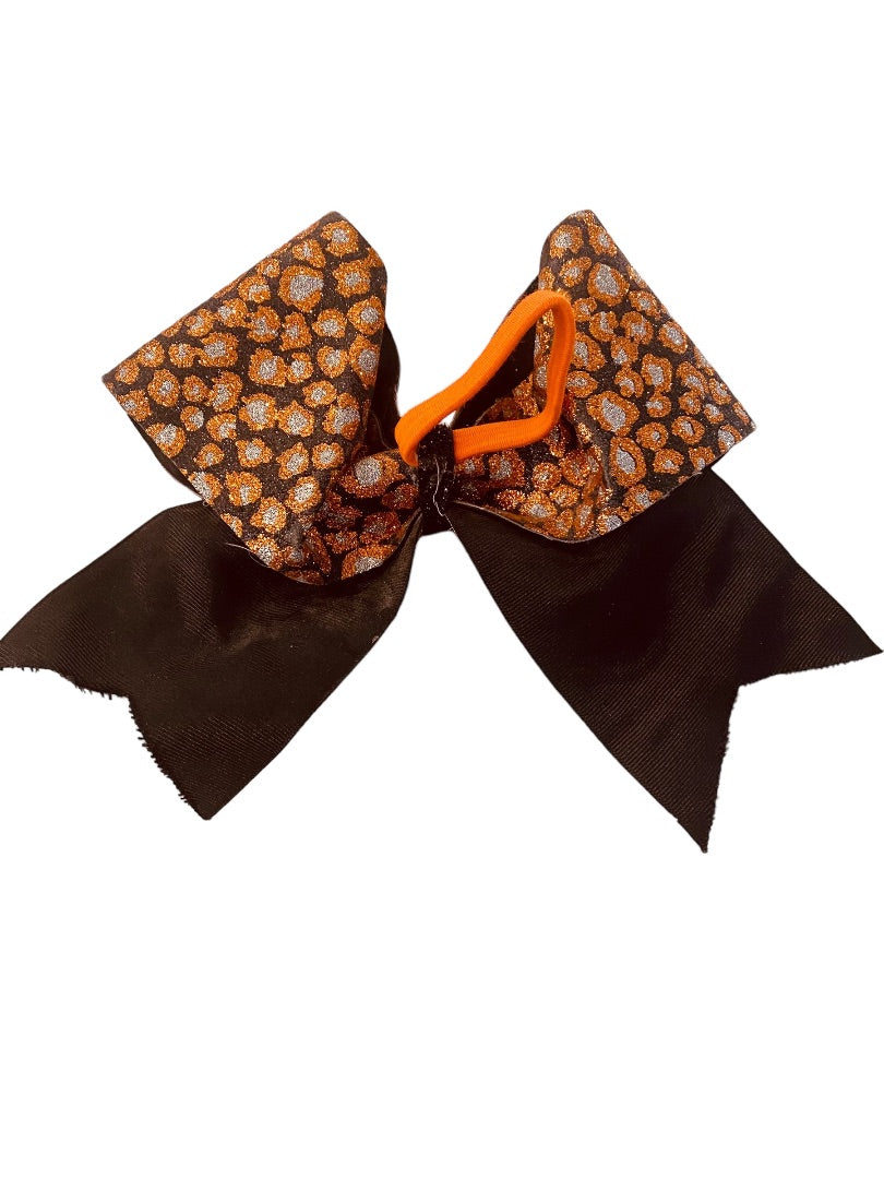 Girls Oversize Hair Bow 7.5" Elastic Ponytail Black Orange Silver Animal Print Glittery