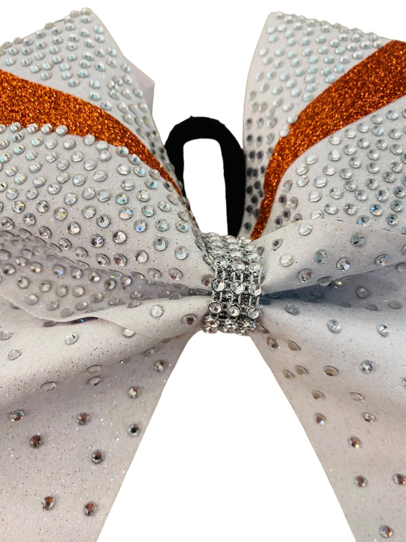 Girls Oversize Hair Bow 7" Elastic Ponytail Holder White Orange  Bejeweled